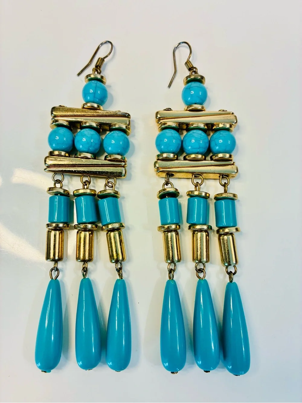 Boho Chic Multi-tier Turquoise & GLD Beaded Fringe Drop Chandelier Earrings LONG